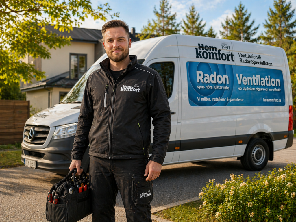 Servicetekniker inom ventilation i Stockholm och Skövde framför servicebil från Hemkomfort